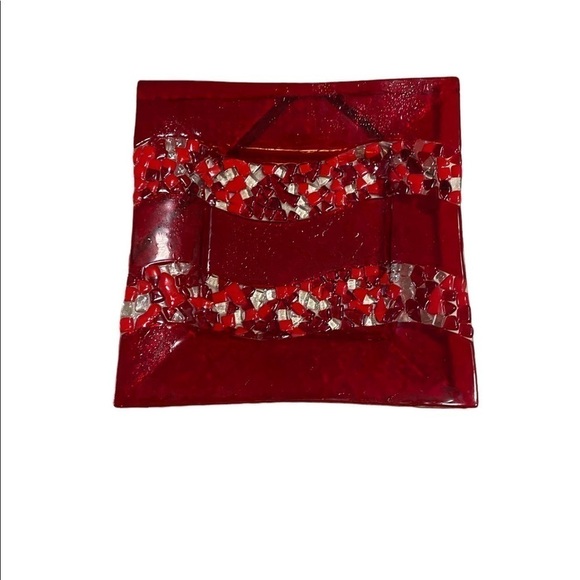 Vintage Fused  Red Glass Dish Wall Art Minimalist Mosaic Detail Signed Arcotex - Picture 2 of 12